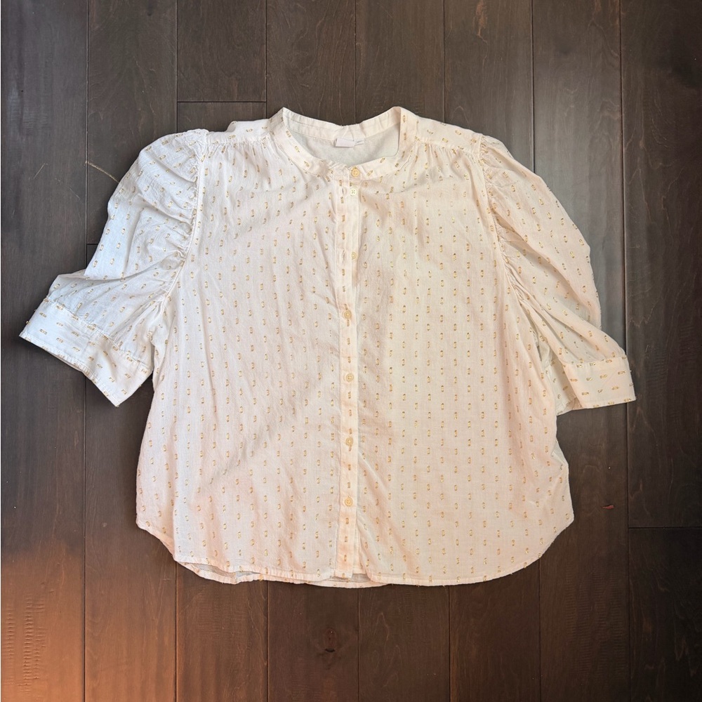 GAP Off White Puff Sleeve Top with Gold Foil Accents